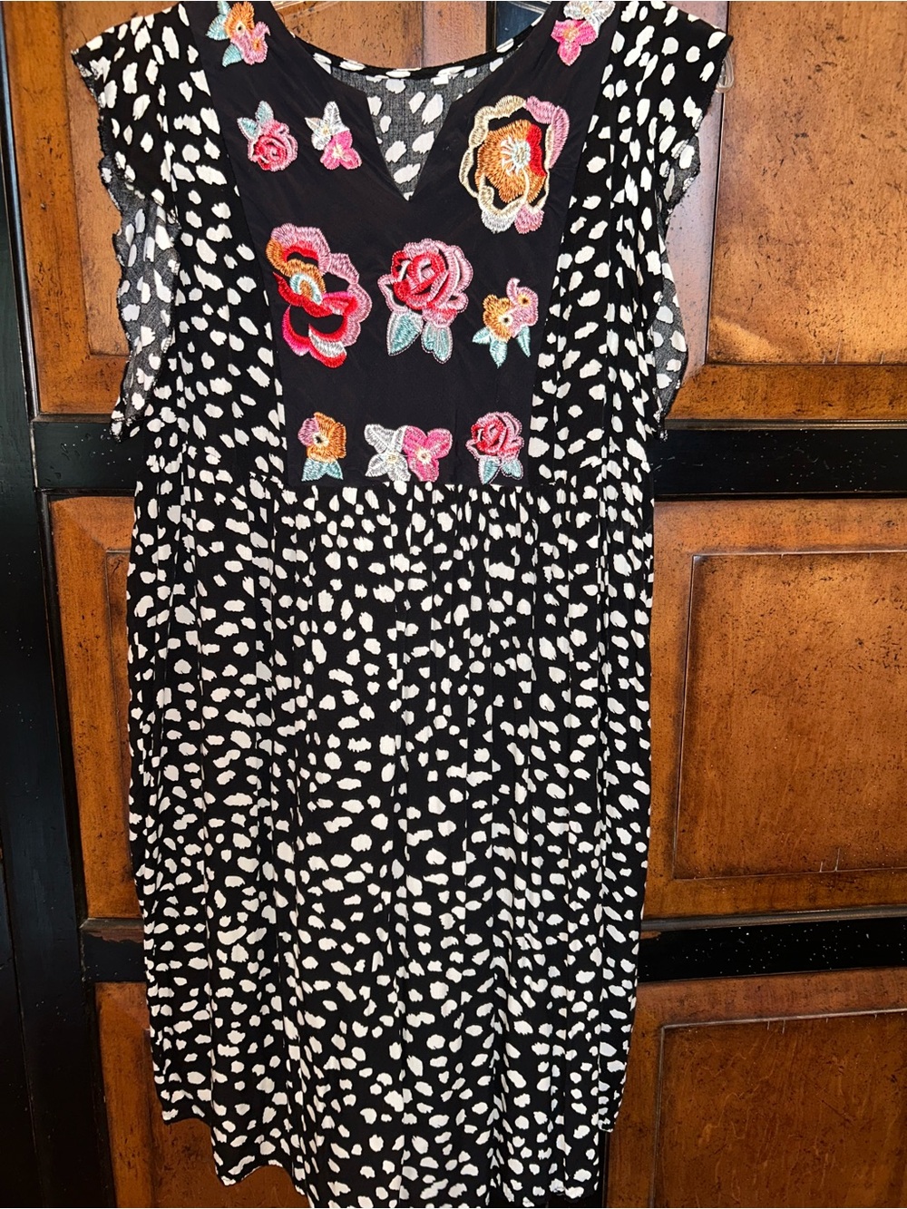 Embroidered Black Boho Midi Dress with Floral Appliqué